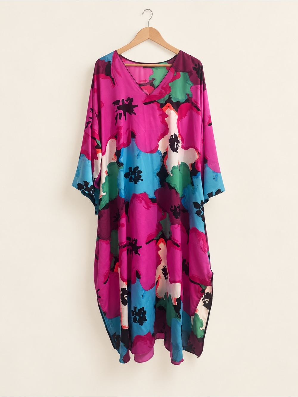 Natori Fuchsia Floral V-Neck Kaftan with Teal and Green Accents